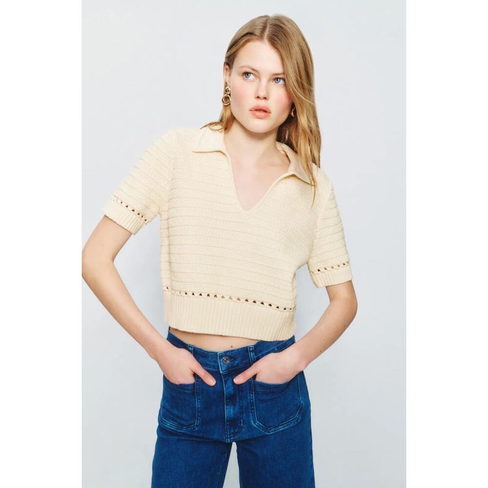 Toccin Short Sleeve Polo Top Ribbed Knit Collared Blouse Sz M